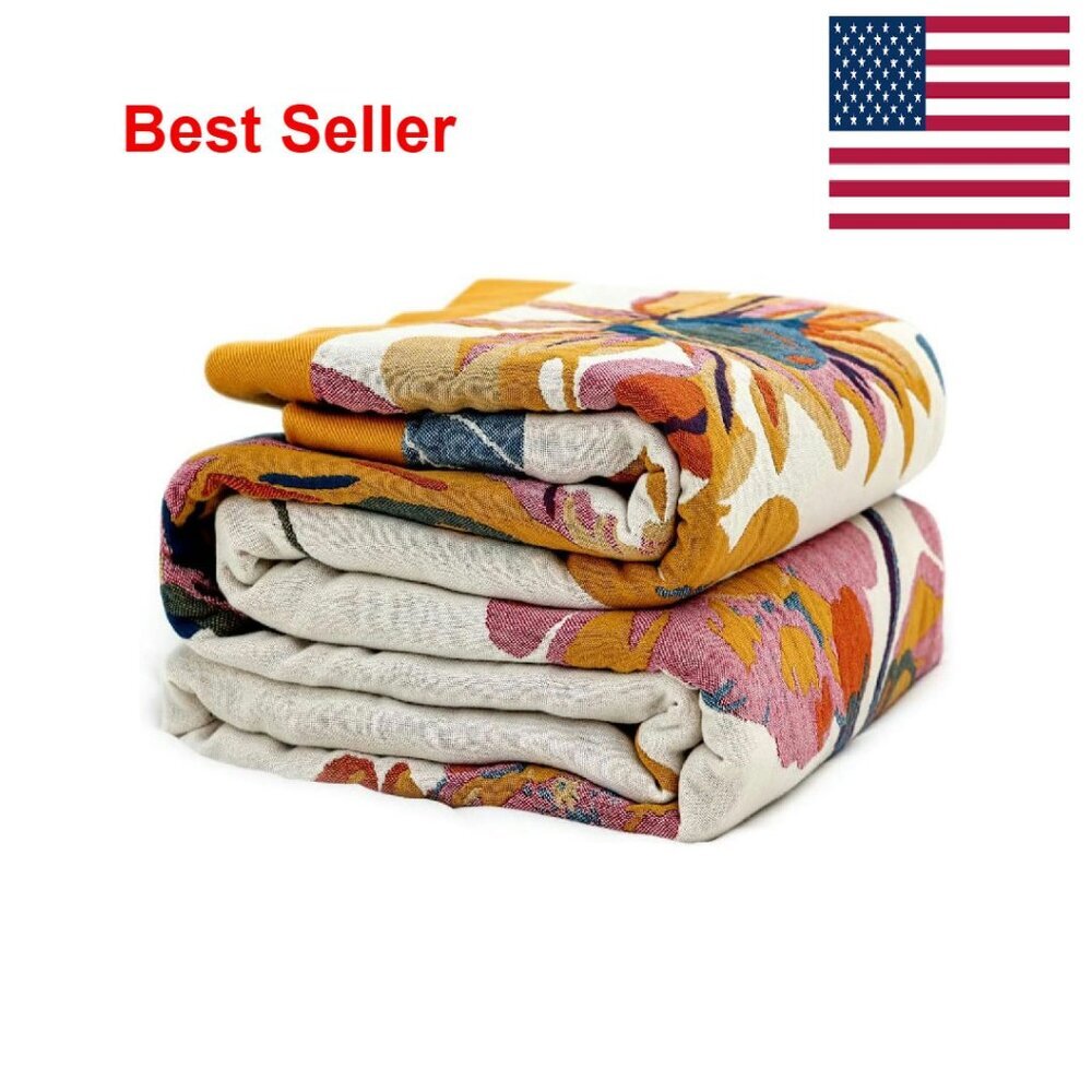 Boho Throw Blanket 100% Cotton Reversible Lightweight Farmhouse Decor Floral